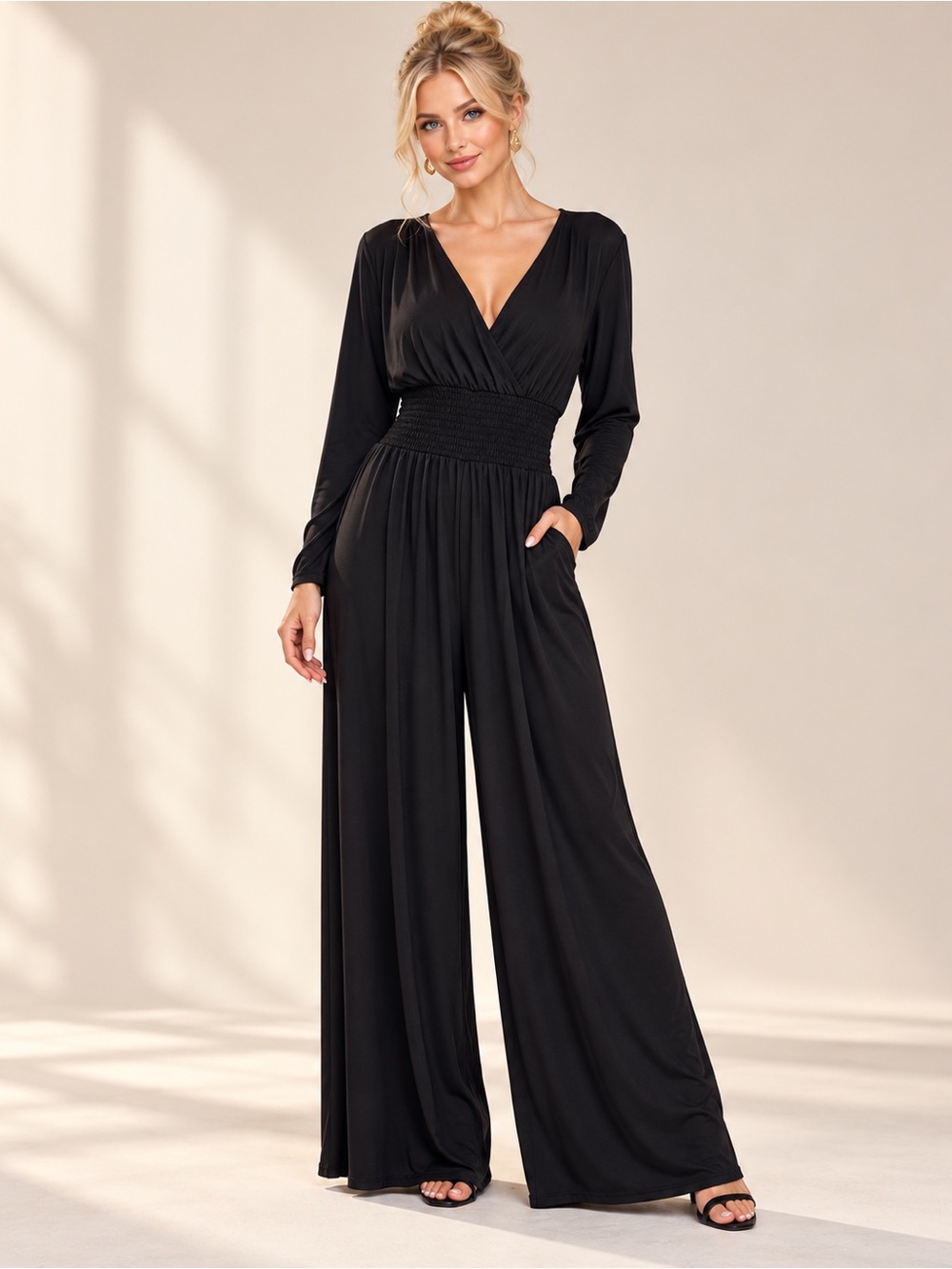 Venus Brand Black Long Sleeve Smocked Waist jumpsuit size 2Xx